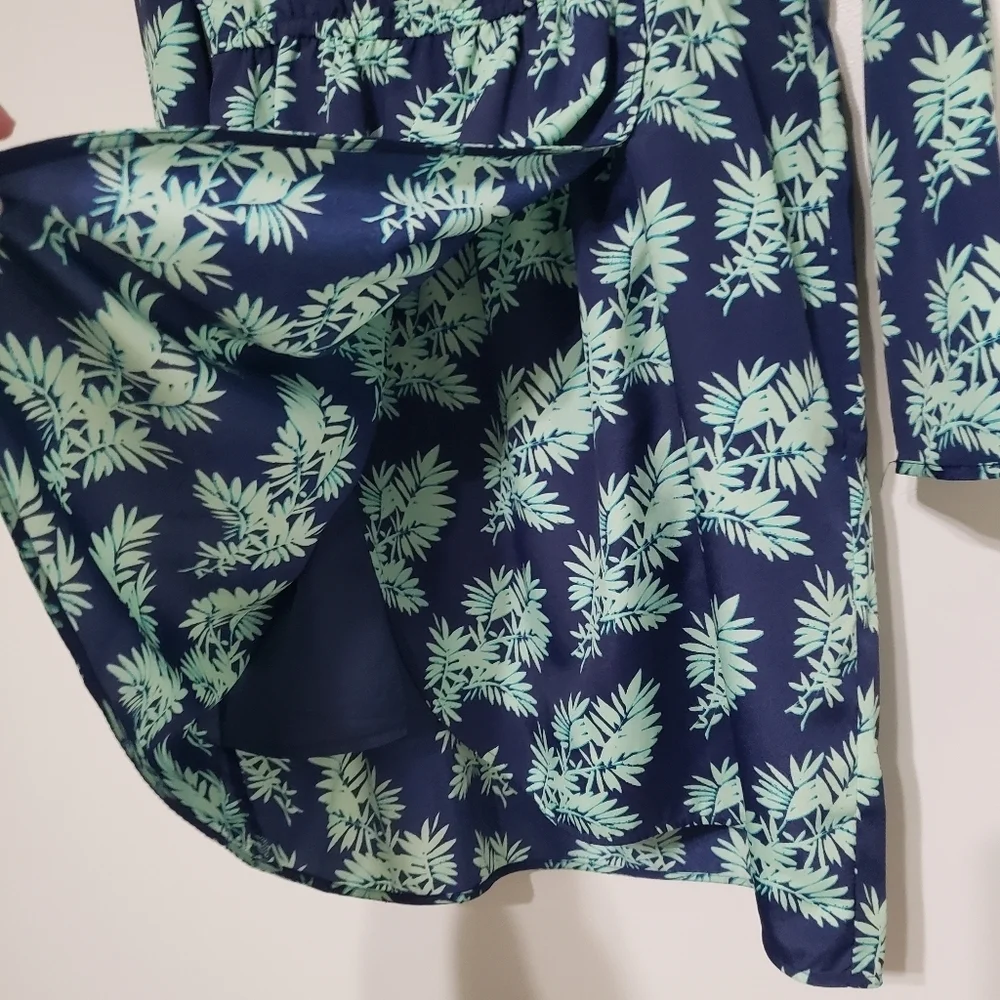 J. Crew Leaf Print Long Sleeve Dress 10 Navy Blue Mint Green Faux Wrap Lined